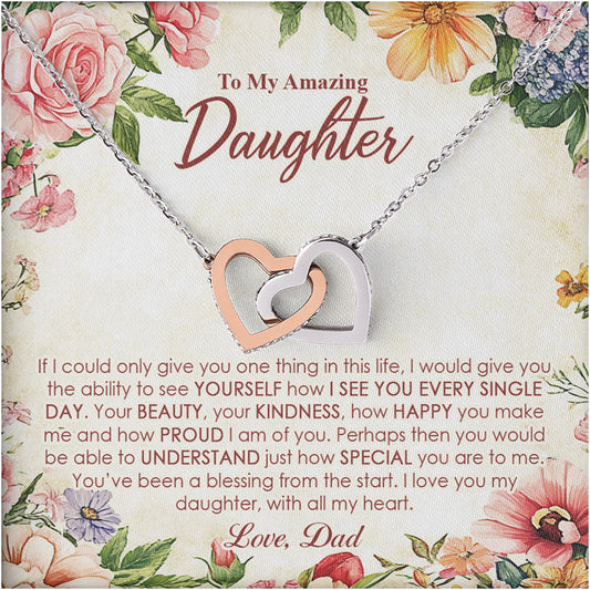 Netecom Personalized To My Amazing Daughter Necklace from Dad, Custom Message Card with Name, Interlocking Heart Jewelry Gift for Birthday, Christmas