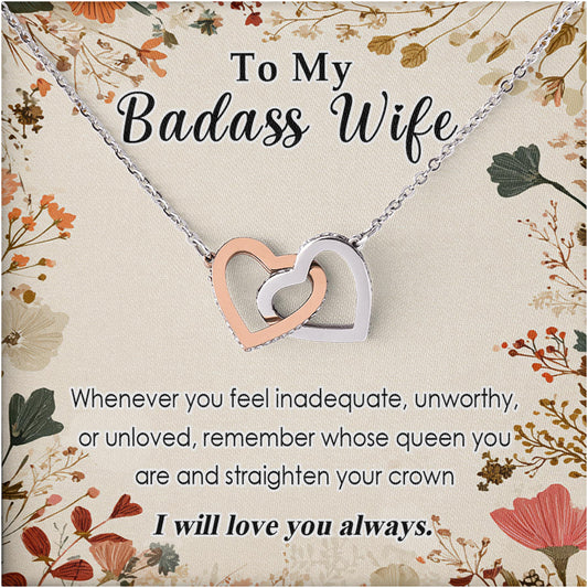 Netecom Personalized To My Badass Wife Necklace from Husband, Custom Message Card with Name, I Will Love You Always Interlocking Heart Jewelry Gift for Birthday, Christmas