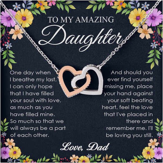 Netecom Personalized To My Amazing Daughter Necklace from Dad, Custom Colorful Floral Message Card with Name, Interlocking Heart Jewelry Gift for Birthday, Christmas