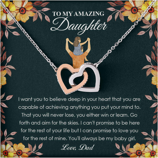 Netecom Personalized To My Amazing Daughter Necklace from Dad, Custom Vintage Flowers Message Card with Name, Interlocking Heart Jewelry Gift for Birthday, Christmas