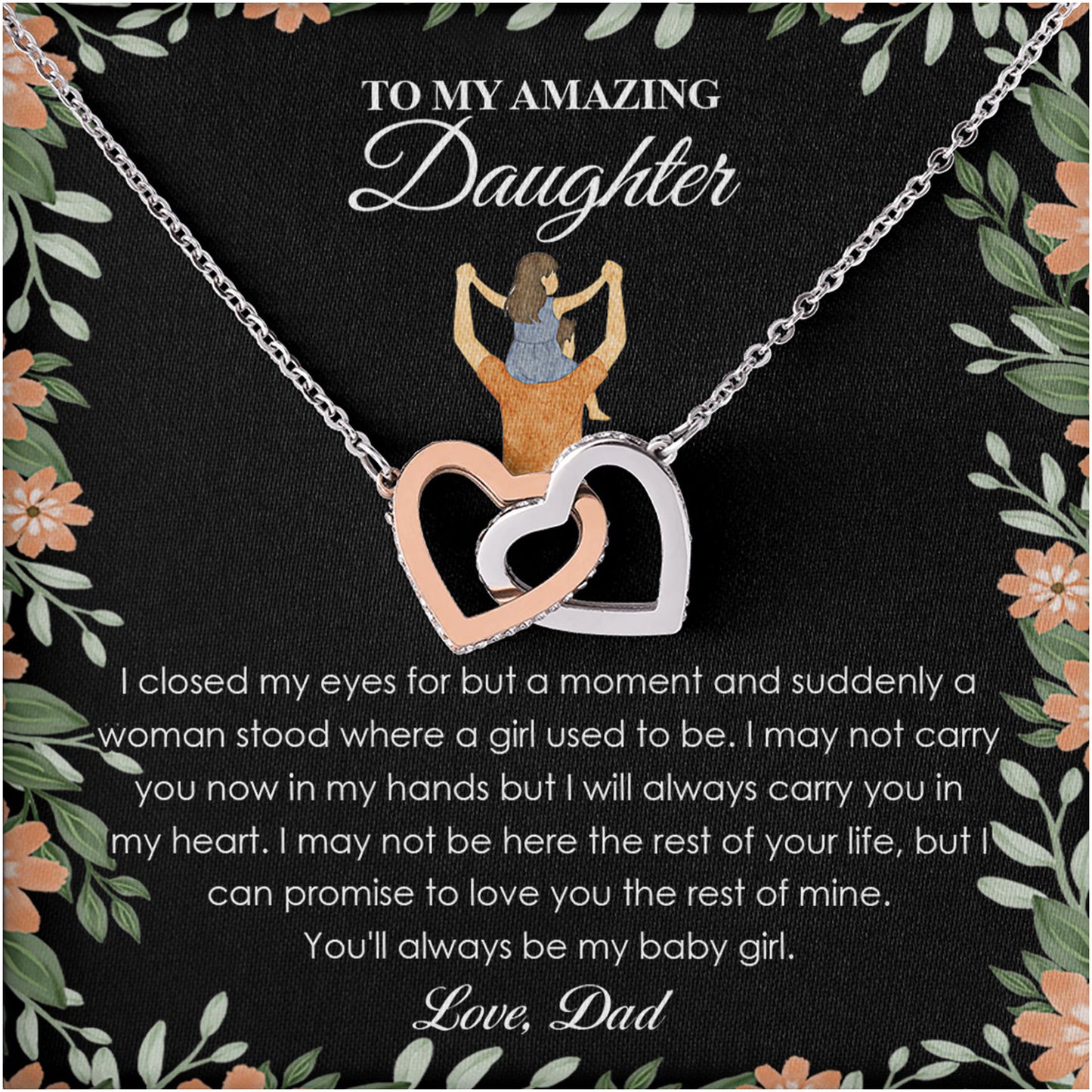 Netecom Personalized To My Daughter Necklace from Dad, Interlocking Hearts Jewelry with Black Floral Card, Birthday, Graduation, Christmas Gift for Daughter from Father