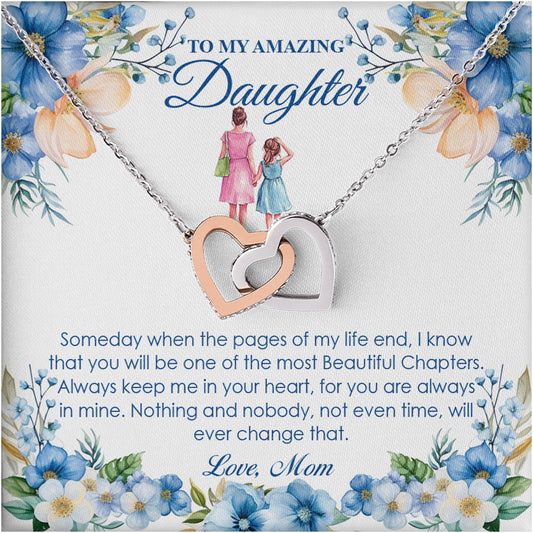 Netecom Personalized To My Amazing Daughter Necklace from Mom, Custom Flowers Message Card with Name, Interlocking Heart Jewelry Gift for Birthday, Christmas