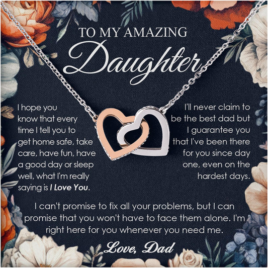 Netecom Personalized To My Amazing Daughter Necklace from Dad, Custom Retro Floral Message Card with Name, Interlocking Heart Jewelry Gift for Birthday, Christmas