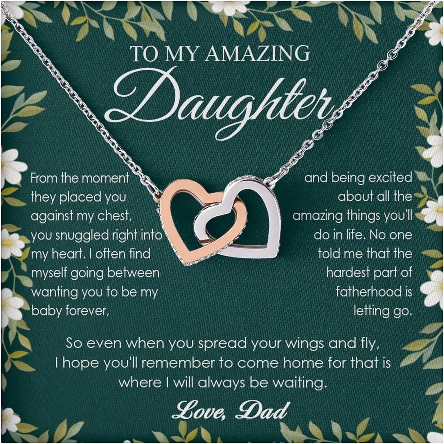Netecom Personalized To My Daughter Necklace from Dad, Interlocking Hearts Jewelry with Green Floral Card, Birthday, Graduation, Christmas Gift