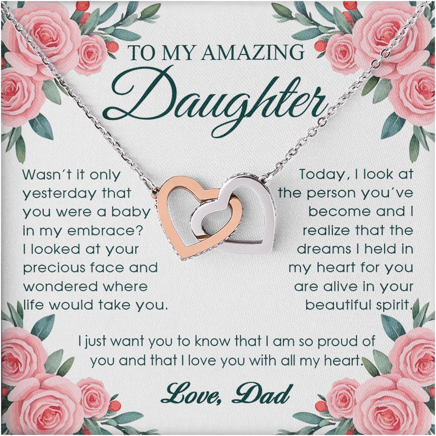 Netecom Personalized To My Daughter Necklace from Dad, Interlocking Hearts Jewelry with Pink Rose Card, Birthday, Graduation, Christmas Gift