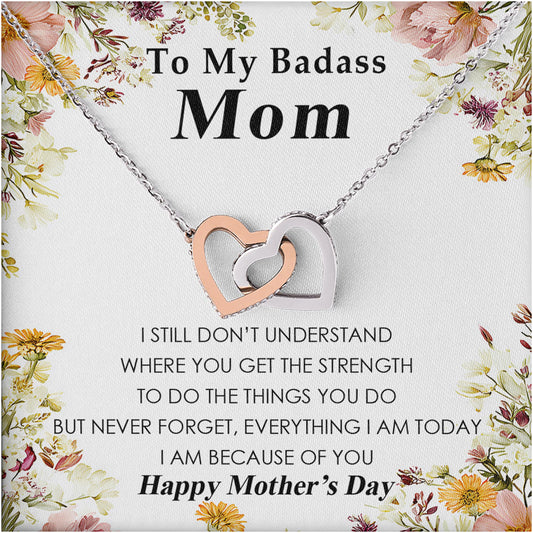 Netecom Personalized To My Badass Mom Necklace from Daughter Son, Custom Message Card with Name, Interlocking Heart Jewelry Gift for Mother's Day, Birthday, Christmas