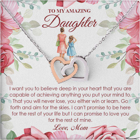 Netecom Personalized To My Amazing Daughter Necklace from Mom, Custom Flowers Message Card with Name, Interlocking Heart Jewelry Gift for Birthday, Christmas