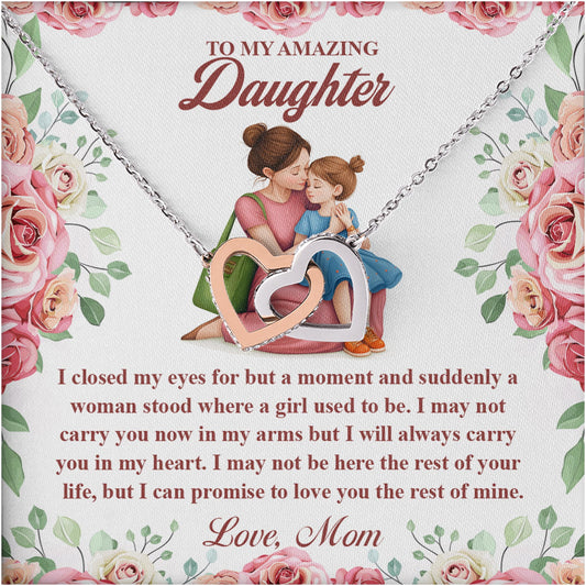 Netecom Personalized To My Amazing Daughter Necklace from Mom, Custom Rose Flowers Message Card with Name, Interlocking Heart Jewelry Gift for Birthday, Christmas