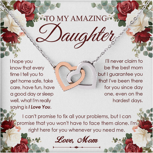 Netecom Personalized To My Amazing Daughter Necklace from Mom, Custom Rose Flowers Message Card with Name, Interlocking Heart Jewelry Gift for Birthday, Christmas