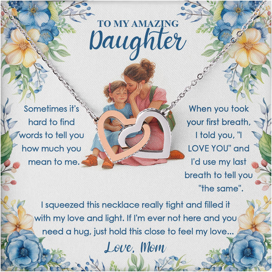 Netecom Personalized To My Amazing Daughter Necklace from Mom, Custom Message Card with Name, Interlocking Heart Jewelry Gift for Birthday, Christmas