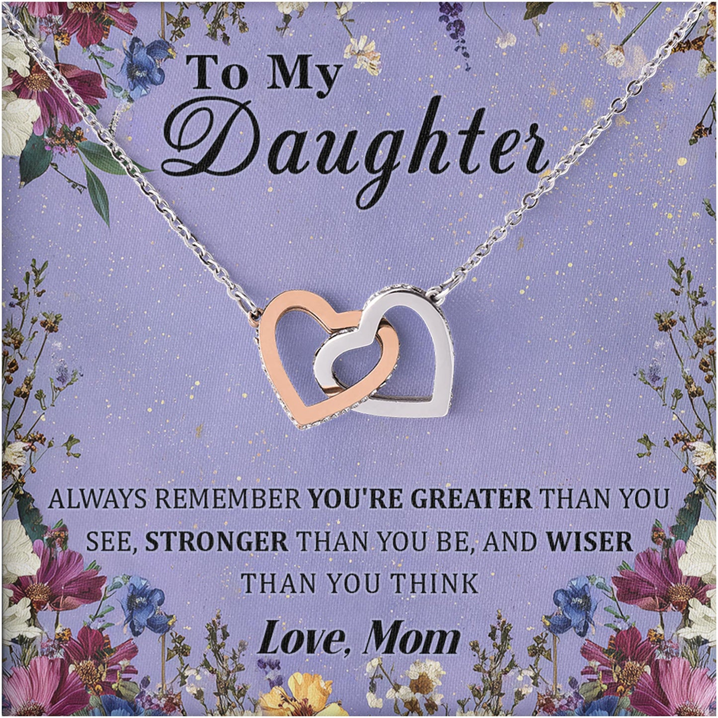 Netecom Personalized To My Daughter Necklace from Mom, Interlocking Heart Jewelry with Floral Card, Birthday or Christmas Gift
