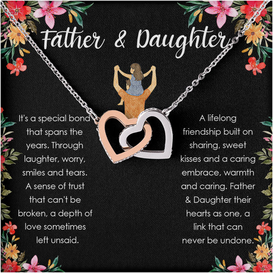 Netecom Personalized Father & Daughter Necklace, Interlocking Hearts Jewelry with Black Floral Card, Birthday, Graduation, Christmas Gift from Dad to Daughter