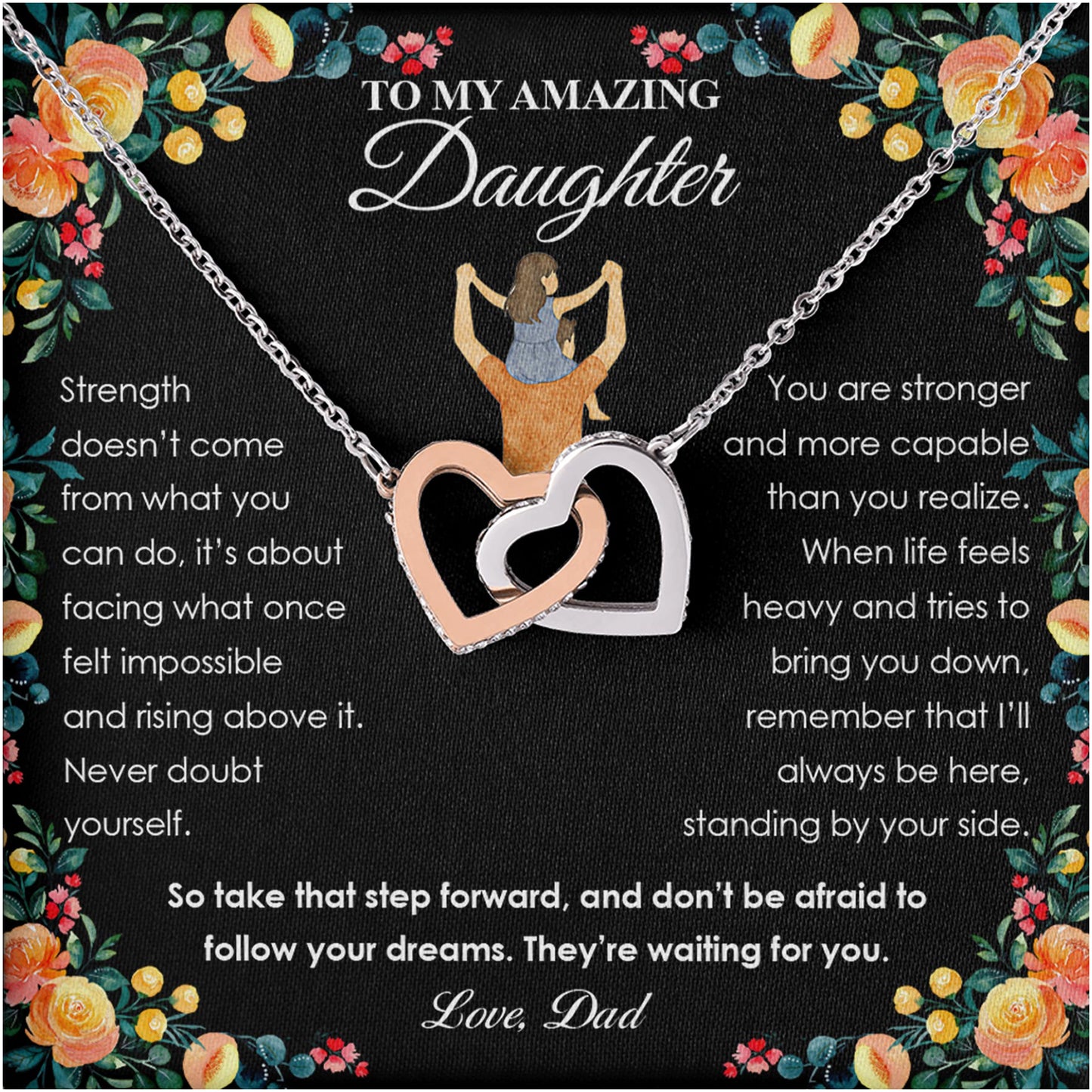 Netecom Personalized To My Daughter Necklace from Dad, Interlocking Hearts Jewelry with Black Floral Card, Inspirational Birthday, Graduation, Christmas Gift