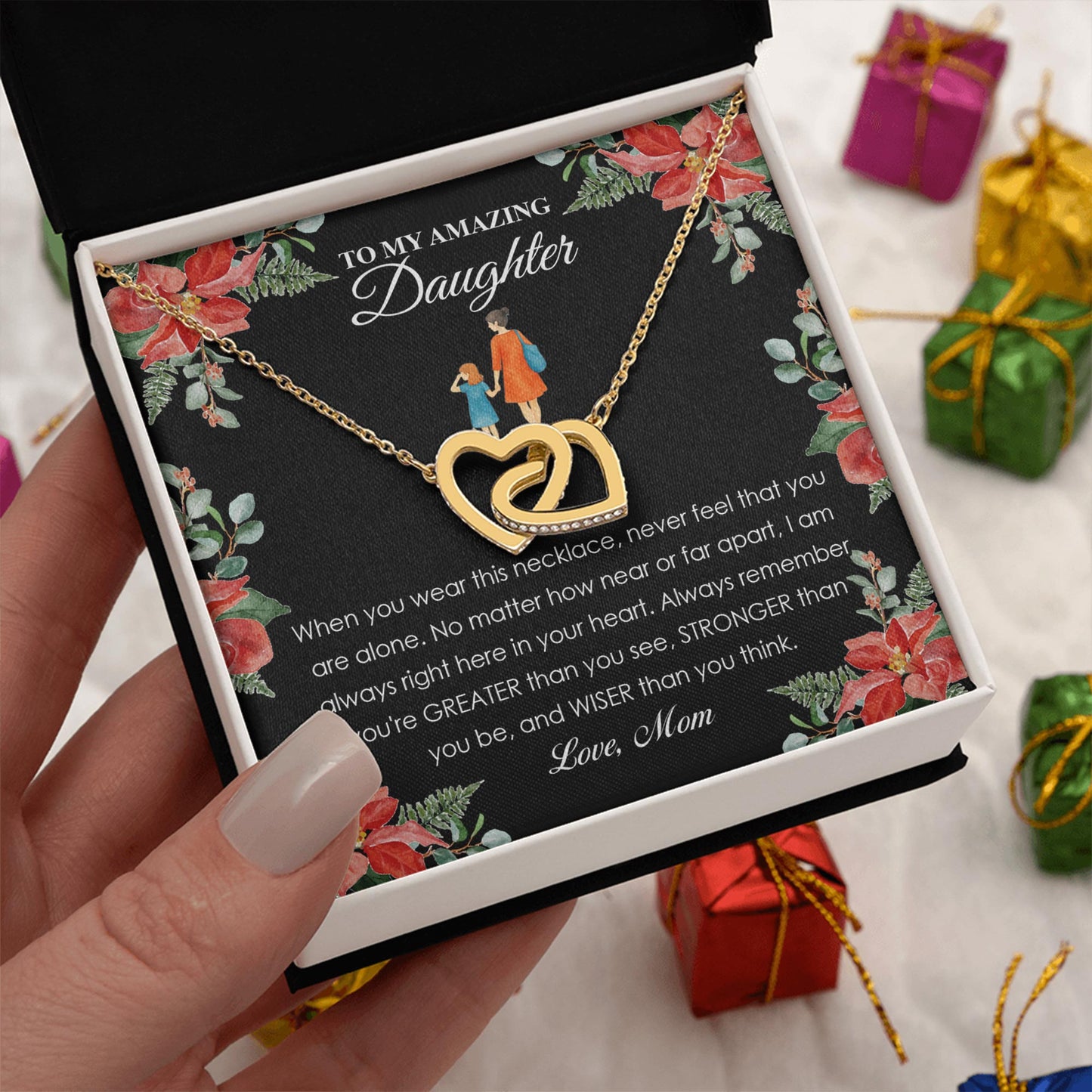 Netecom Personalized Mother to Daughter Necklace – Interlocking Hearts Jewelry with Meaningful Quote Card, Birthday, Graduation, Christmas Gift from Mom