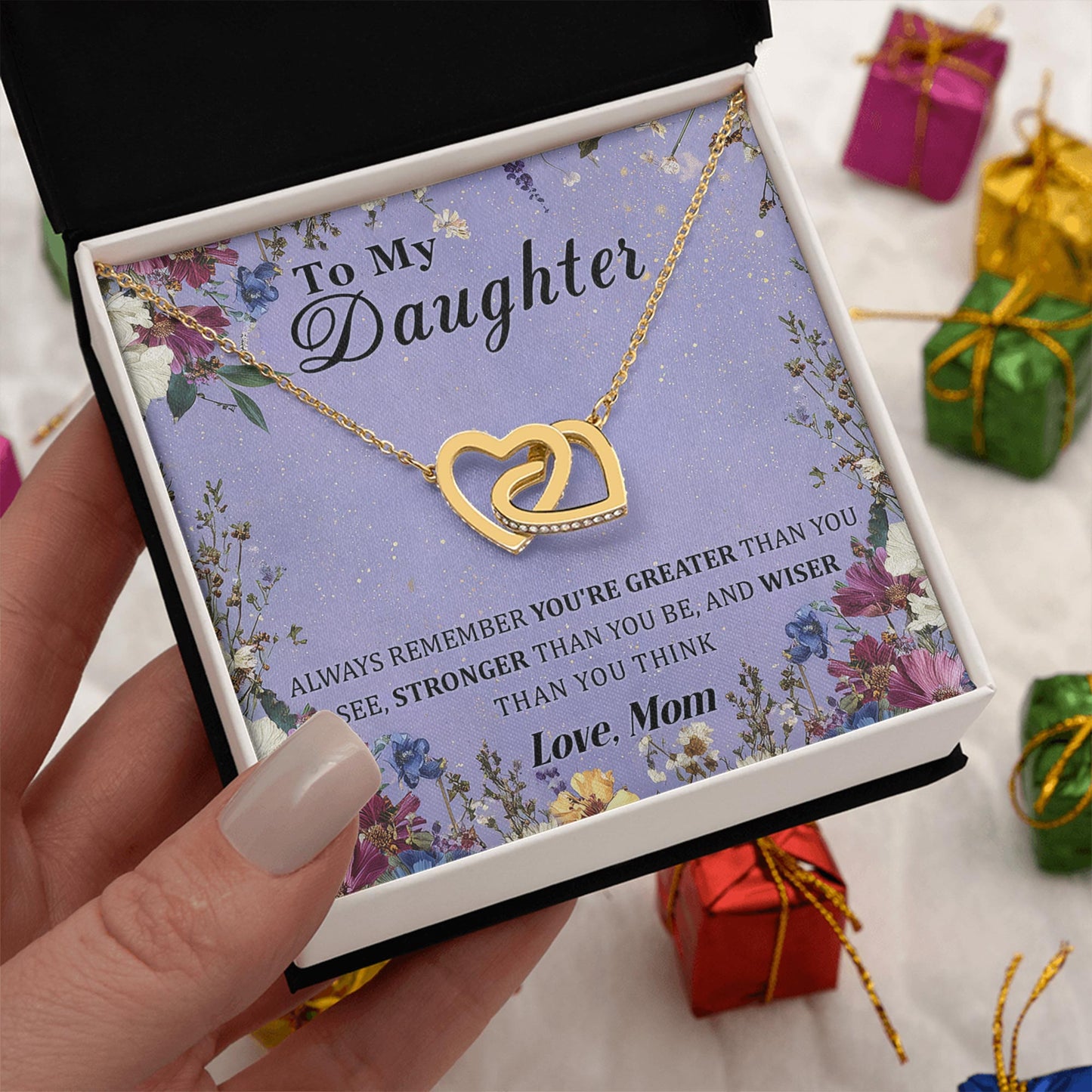 Netecom Personalized To My Daughter Necklace from Mom, Interlocking Heart Jewelry with Floral Card, Birthday or Christmas Gift