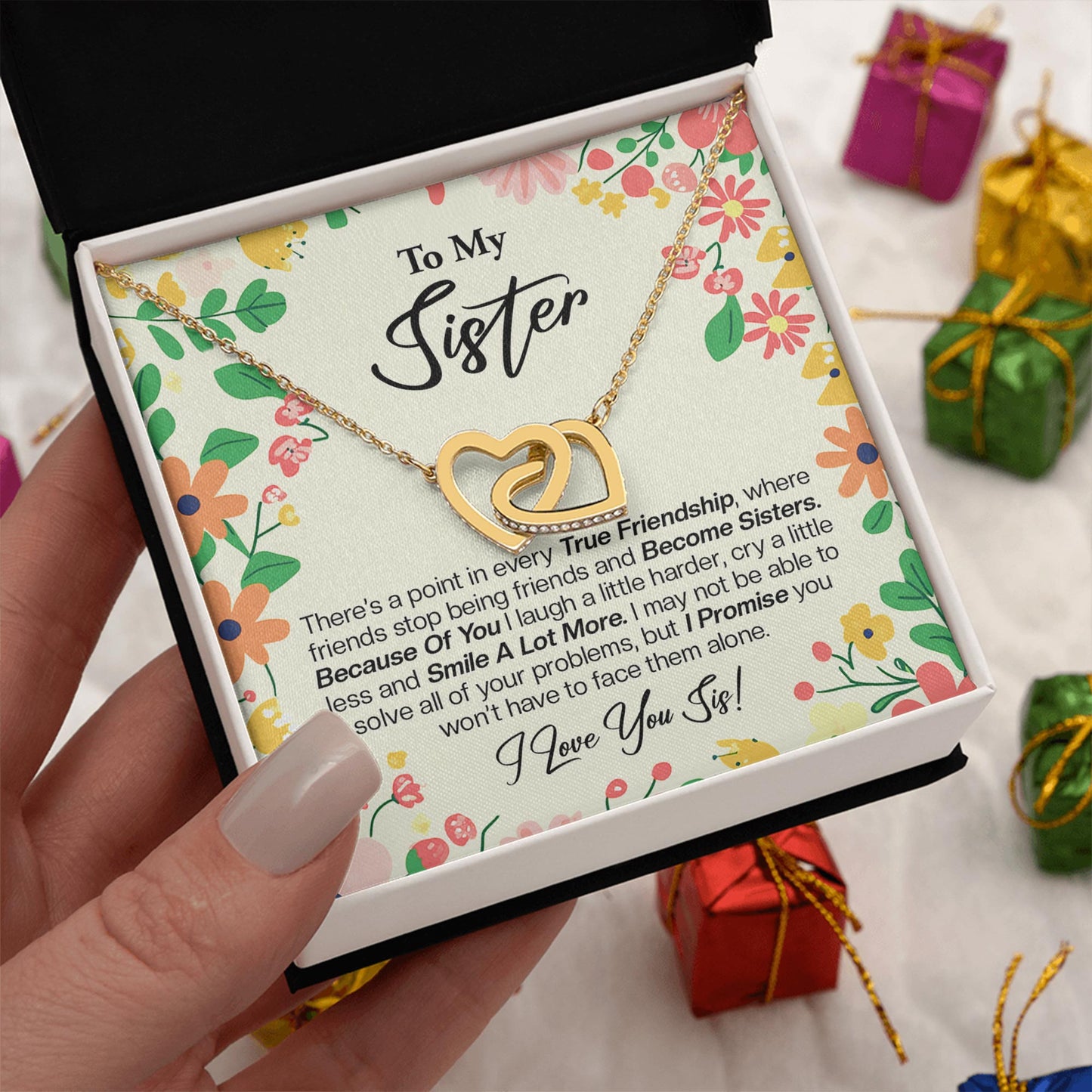 Netecom Personalized To My Sister Necklace, Interlocking Heart Jewelry with Custom Floral Card, Birthday, Christmas, Graduation Gift for Sister from Sister
