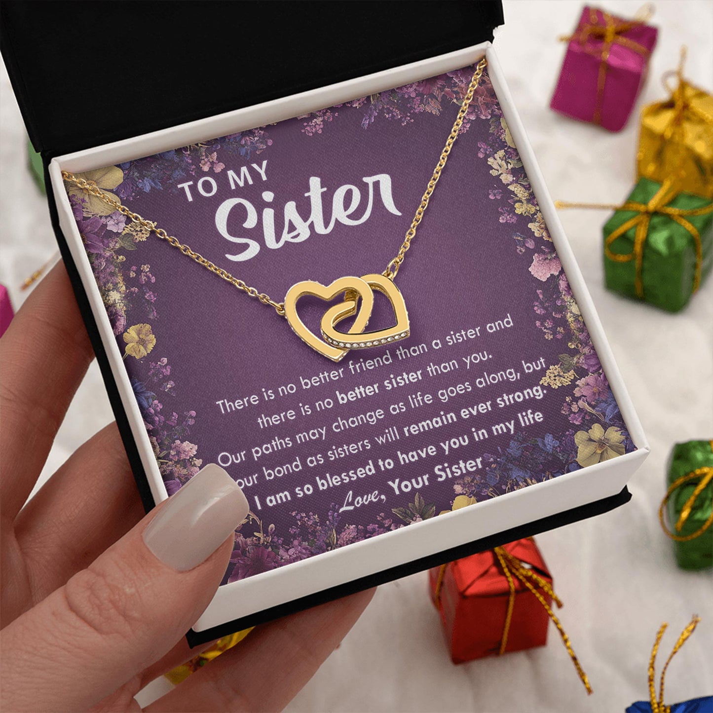 Netecom Personalized To My Sister Necklace from Sister, Interlocking Heart Jewelry with Floral Card, Birthday, Christmas, Graduation Gift for Sister