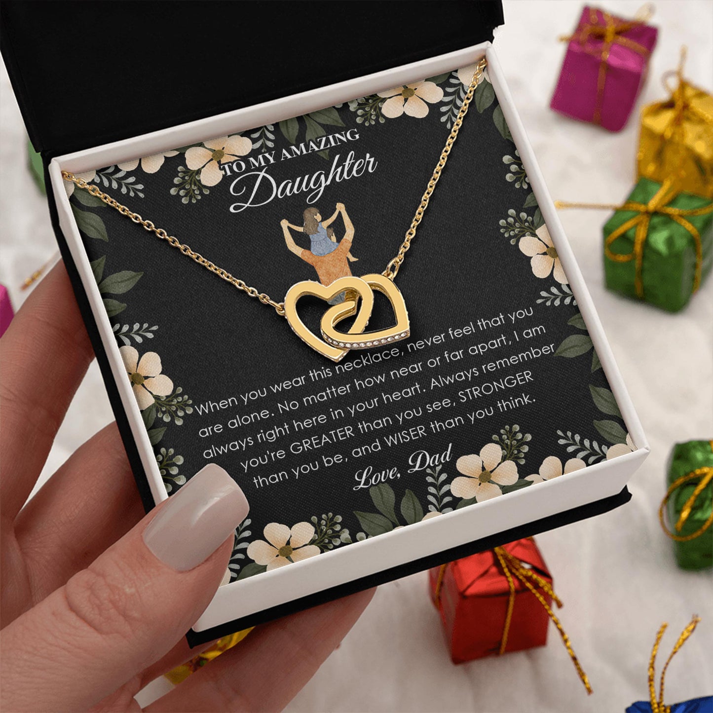 Netecom Personalized To My Daughter Necklace from Dad, Interlocking Heart Jewelry with Black Floral Card, Encouraging Birthday, Graduation, Christmas Gift