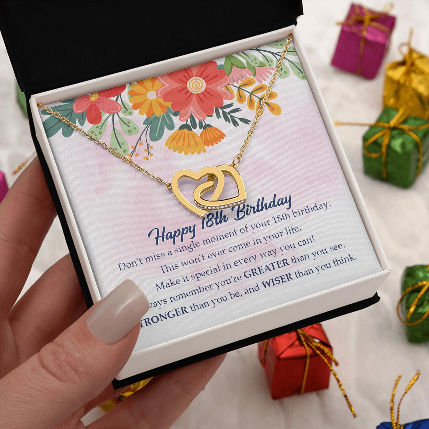 Netecom Personalized Interlocking Heart Necklace, Custom Floral Card Jewelry Gift for Birthday, Graduation, Christmas