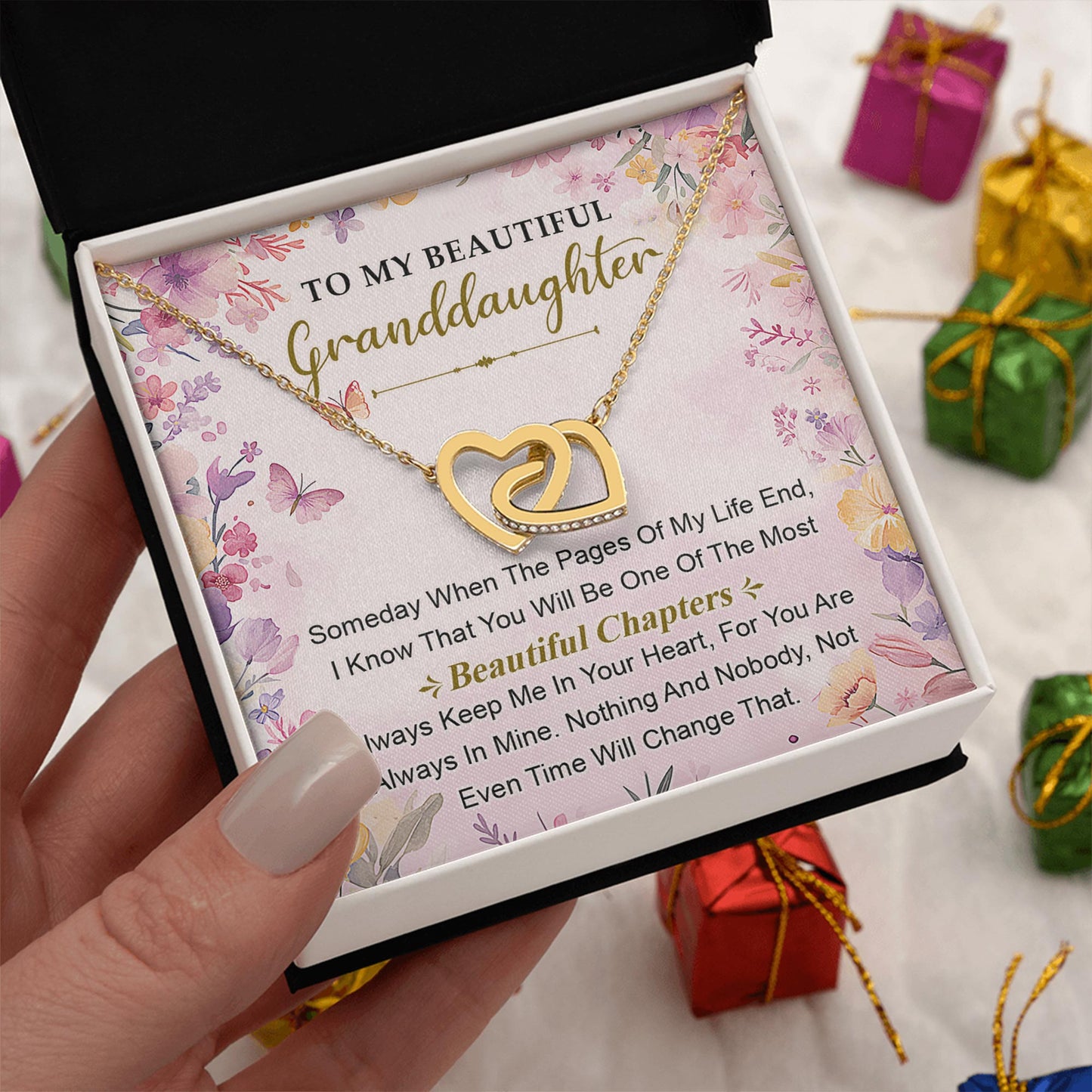 Netecom Personalized To My Granddaughter Necklace, Interlocking Hearts Jewelry with Butterfly Floral Card, Birthday, Graduation, Christmas Gift from Grandparents