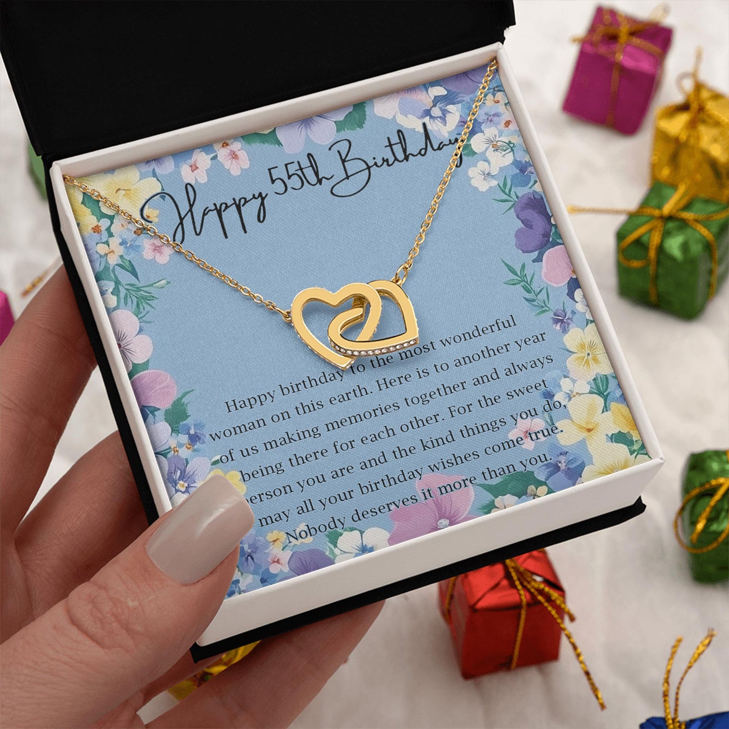 Netecom Personalized Birthday Necklace, Interlocking Heart Jewelry Gift with Custom Floral Card for Women, Meaningful Milestone Birthday Present