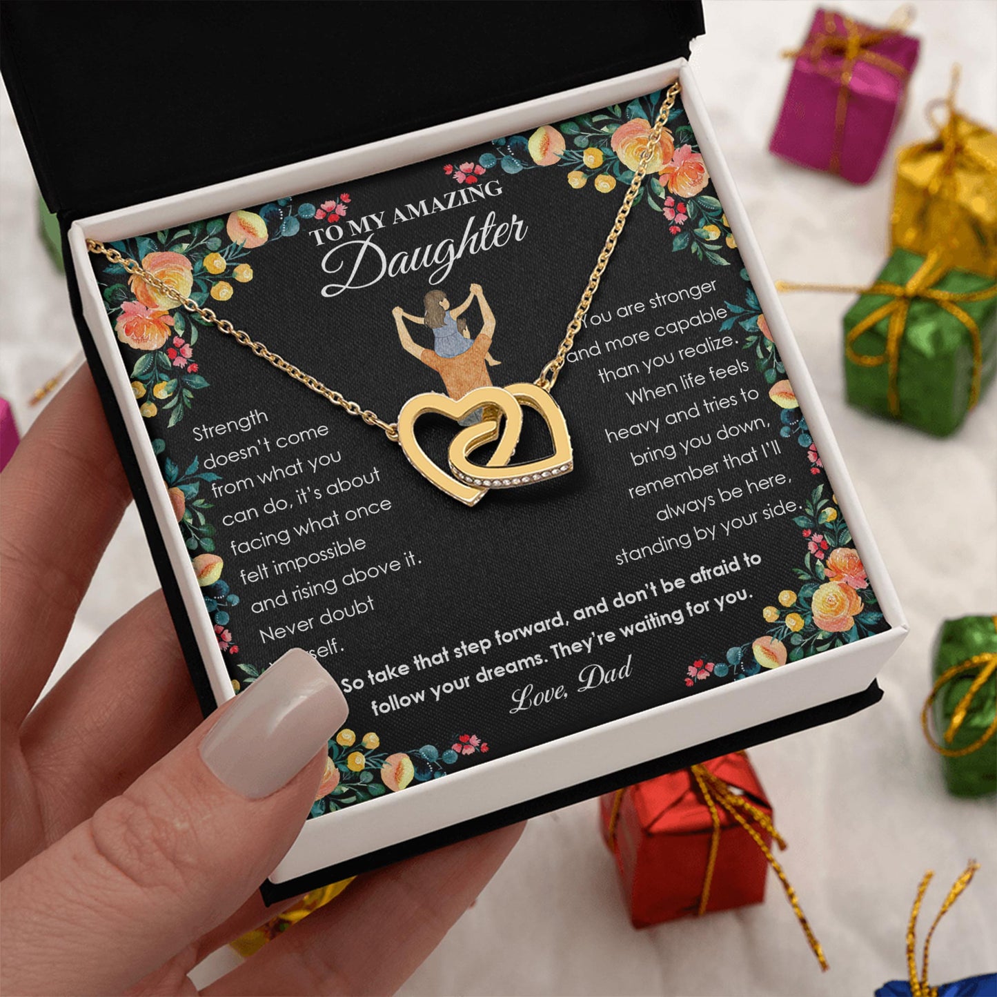 Netecom Personalized To My Daughter Necklace from Dad, Interlocking Hearts Jewelry with Black Floral Card, Inspirational Birthday, Graduation, Christmas Gift