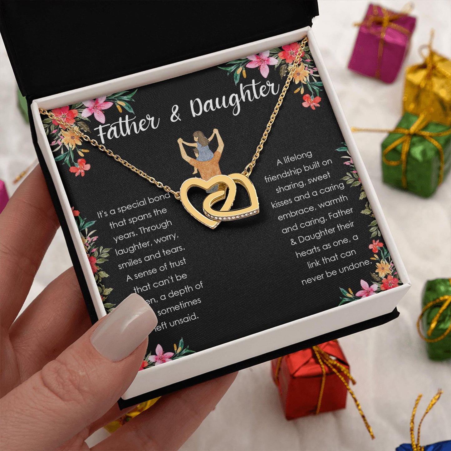 Netecom Personalized Father & Daughter Necklace, Interlocking Hearts Jewelry with Black Floral Card, Birthday, Graduation, Christmas Gift from Dad to Daughter