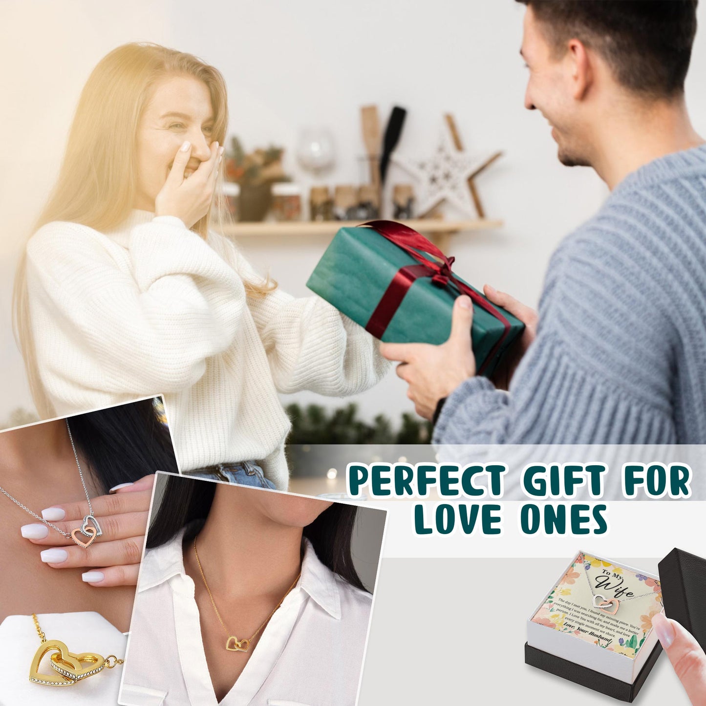 Netecom Personalized To My Wife Necklace from Husband, Interlocking Hearts Jewelry with Floral Card, Romantic Birthday, Anniversary, Christmas Gift