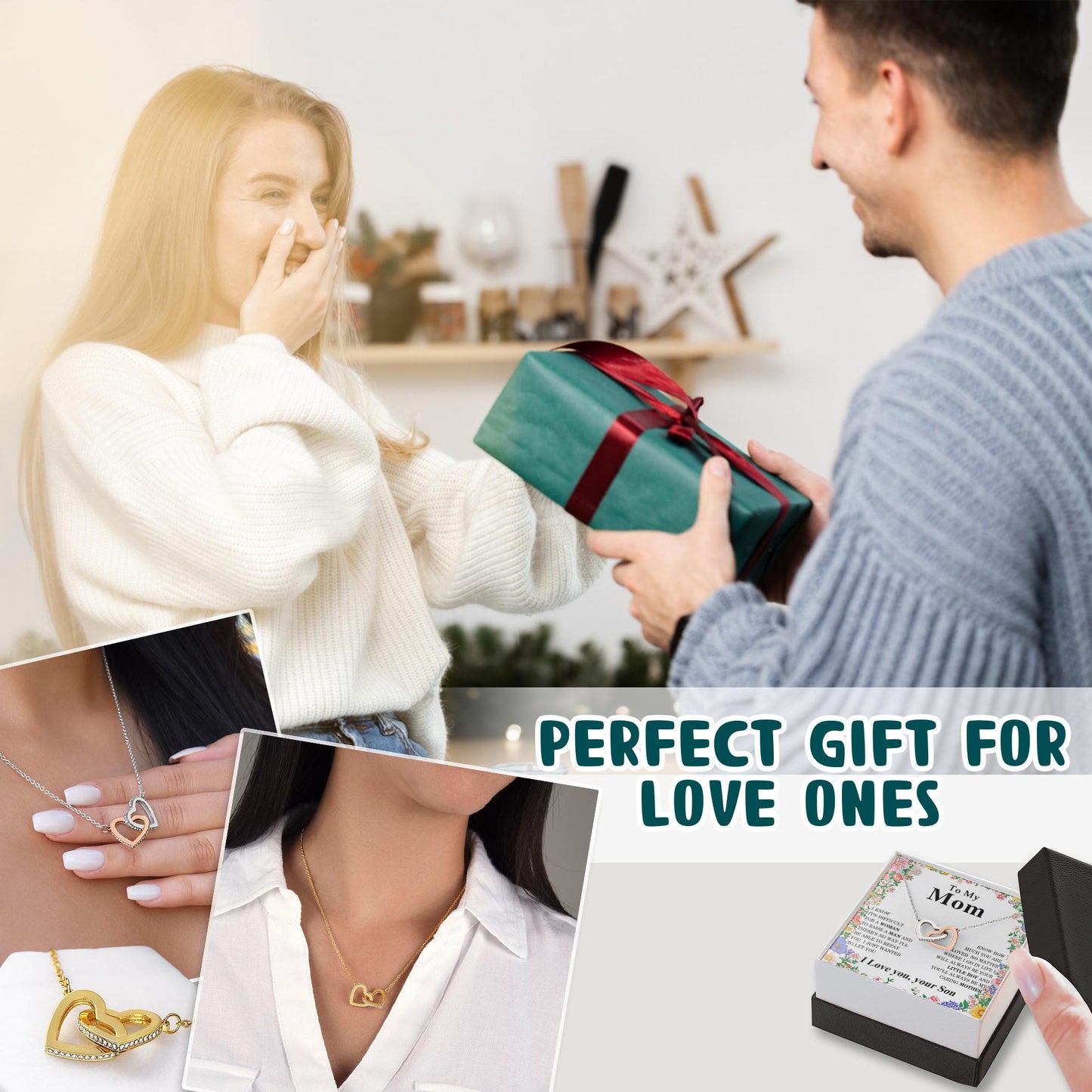 Netecom Personalized To My Mom Necklace from Son, Custom Message Card with Name, Simple Flower Interlocking Heart Jewelry Gift for Birthday, Christmas