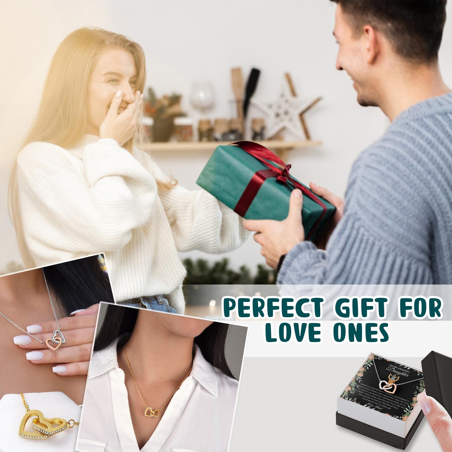 Netecom Personalized To My Daughter Necklace from Dad, Interlocking Hearts Jewelry with Black Floral Card, Birthday, Graduation, Christmas Gift for Daughter from Father