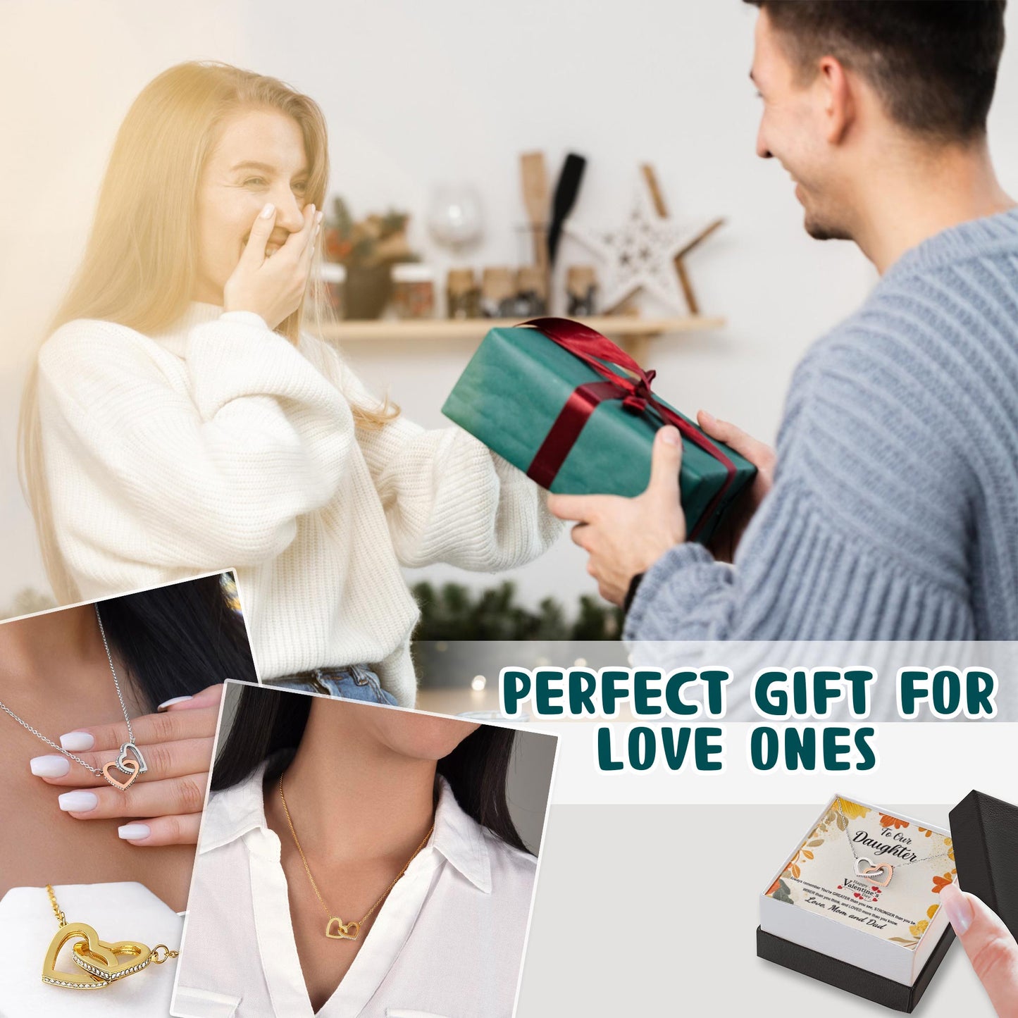 Netecom Personalized To Our Daughter Necklace from Mom and Dad, Interlocking Hearts Jewelry with Valentine’s Card, Valentine’s Day Gift