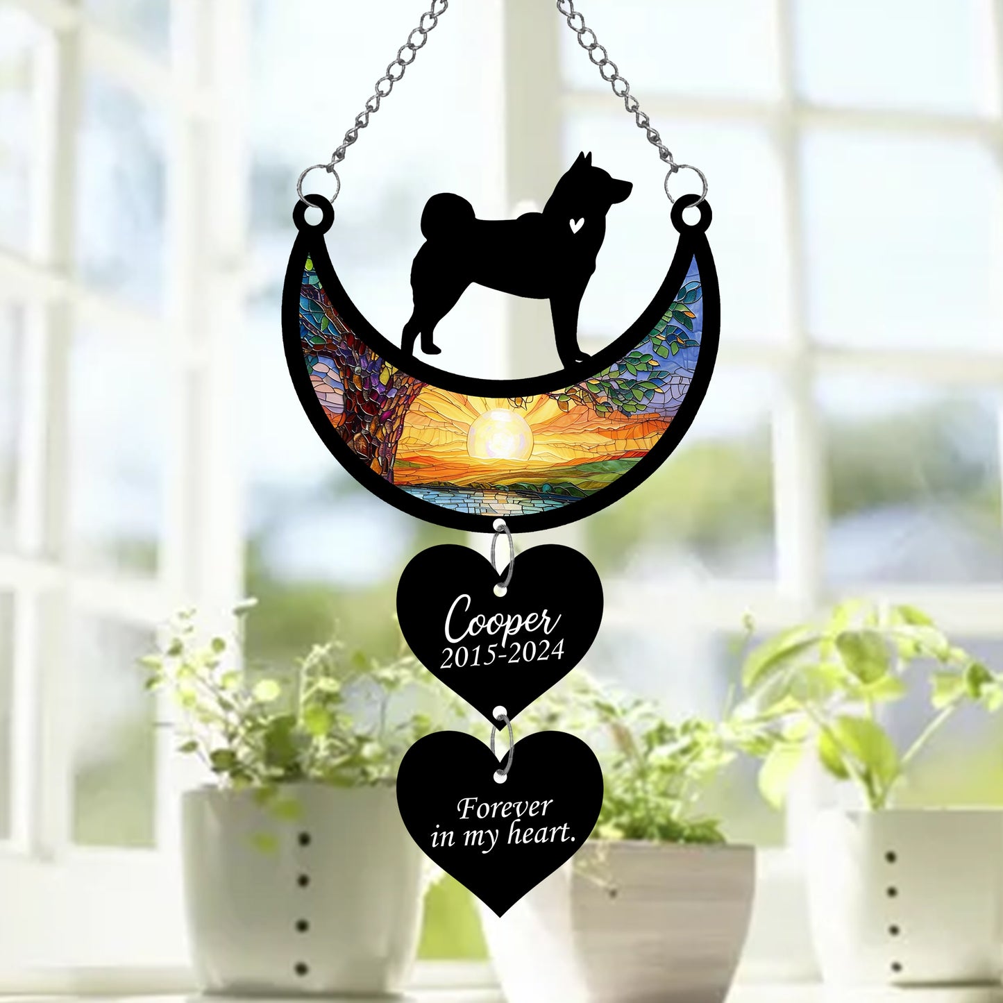 Netecom Personalized Akita Moon Heart Memorial Suncatcher, Custom Akita Ornament with Name Date, Dog Loss Sympathy Gift, Pet Remembrance Keepsake