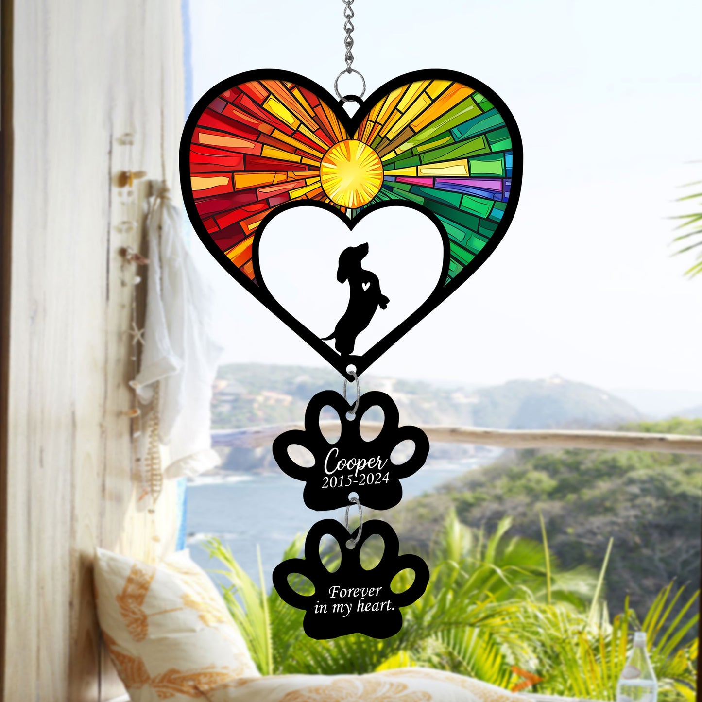 Netecom Personalized Dachshund Rainbow Heart Paw Memorial Suncatcher, Custom Dog Ornament with Name Date, Pet Loss Sympathy Gift, Pet Remembrance Keepsake