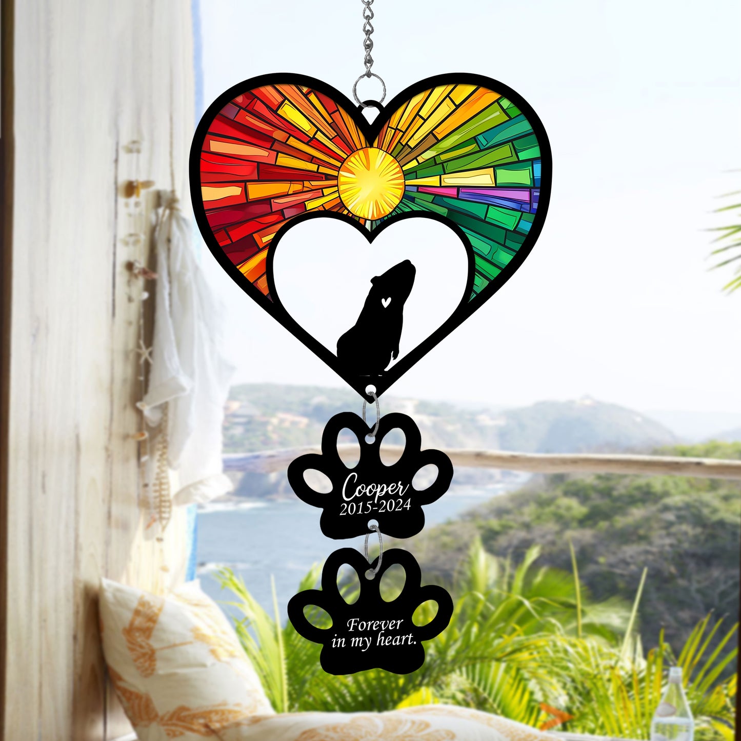 Netecom Personalized Rabbit Rainbow Heart Paw Memorial Suncatcher, Custom Bunny Ornament with Name Date, Pet Loss Sympathy Gift, Pet Remembrance Keepsake