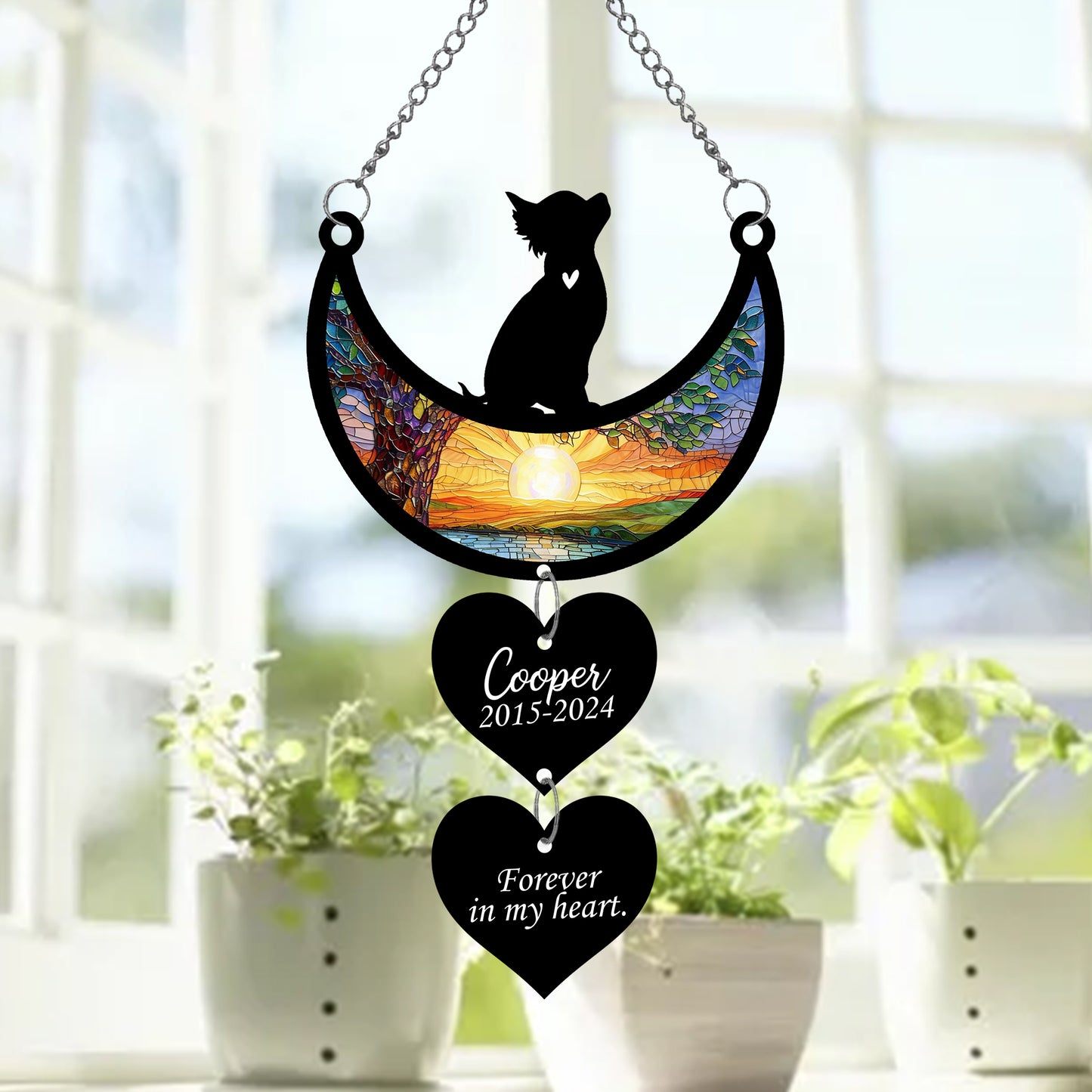 Netecom Personalized Chihuahua Moon Heart Memorial Suncatcher, Custom Chihuahua Ornament with Name Date, Dog Loss Sympathy Gift, Pet Remembrance Keepsake