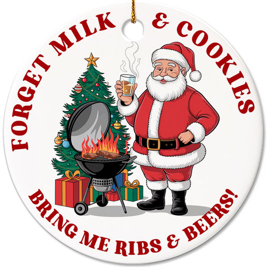 Netecom Funny Forget Milk & Cookies Bring Me Ribs and Beers Christmas Ornaments, Santa Claus Ceramic Ornament for Xmas Tree Hanging Decoration Gift, Gifts for Friends Family, Holiday Present