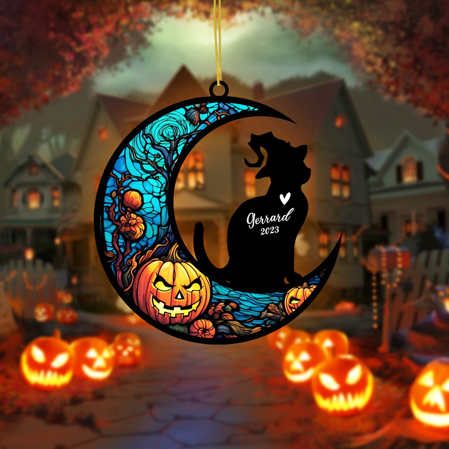 Netecom Personalized Halloween Domestic Shorthair Cat Suncatcher - Memorial Gift for Loss of Cat, Custom Shorthair Cat Lovers Ornament for Window or Wall Hanging, Spooky Sympathy Gift for Pet Loss