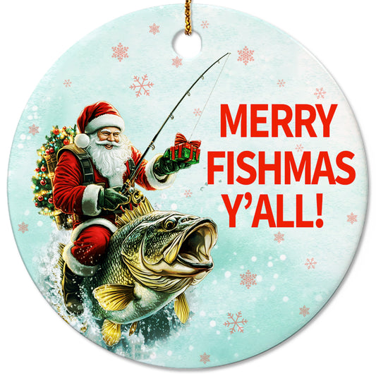 Netecom Funny Santa Fishing Christmas Ornament, Merry Fishmas Ceramic Ornament for Xmas Tree Hanging Decorations Gift, Fishing Lovers Gifts for Fisherman, Home Decor, Holiday Party Present