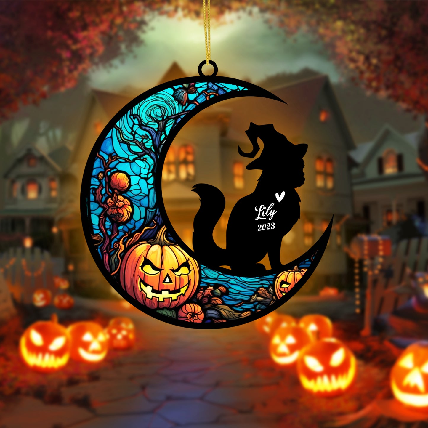 Netecom Personalized Halloween Persian Cat Suncatcher - Memorial Gift for Loss of Cat, Custom Persian Longhair Lovers Ornament for Window or Wall Hanging, Spooky Sympathy Gift