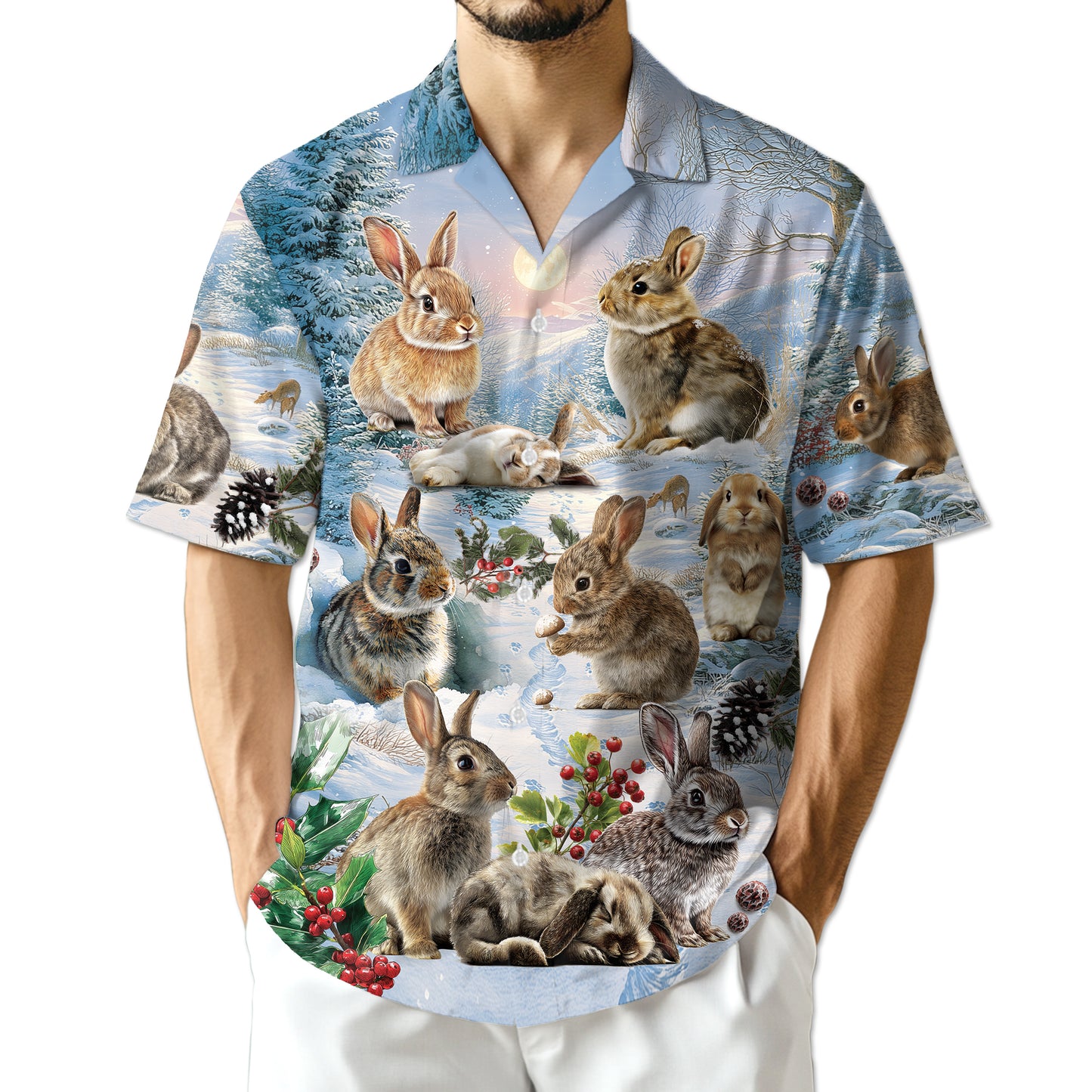 Netecom Rabbits in Snow Hawaiian Shirt for Men, Winter Bunny Holiday Button Down Summer Beach Short Sleeve Shirt