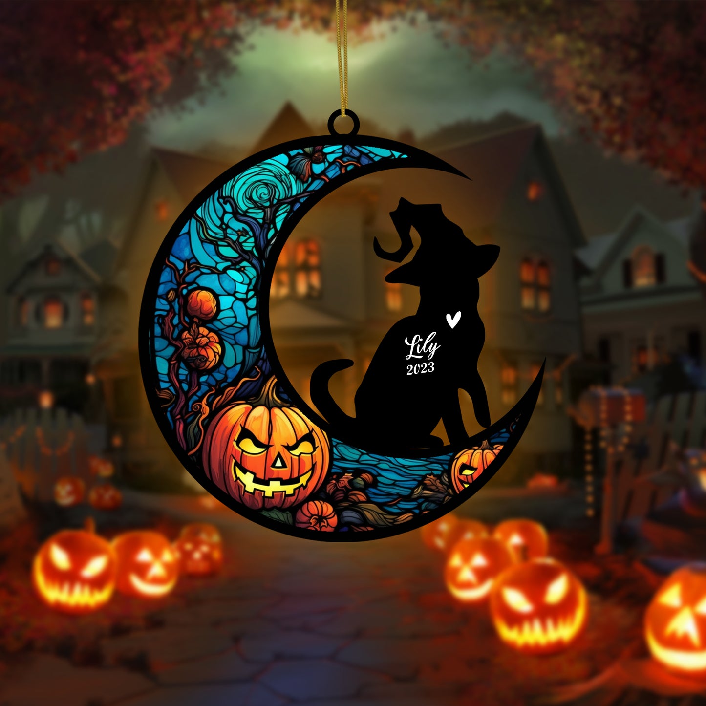 Netecom Personalized Halloween American Shorthair Cat Suncatcher - Custom Cat Ornament with Name, American Shorthair Cat with Witch Hat Halloween Decoration for Window or Garden