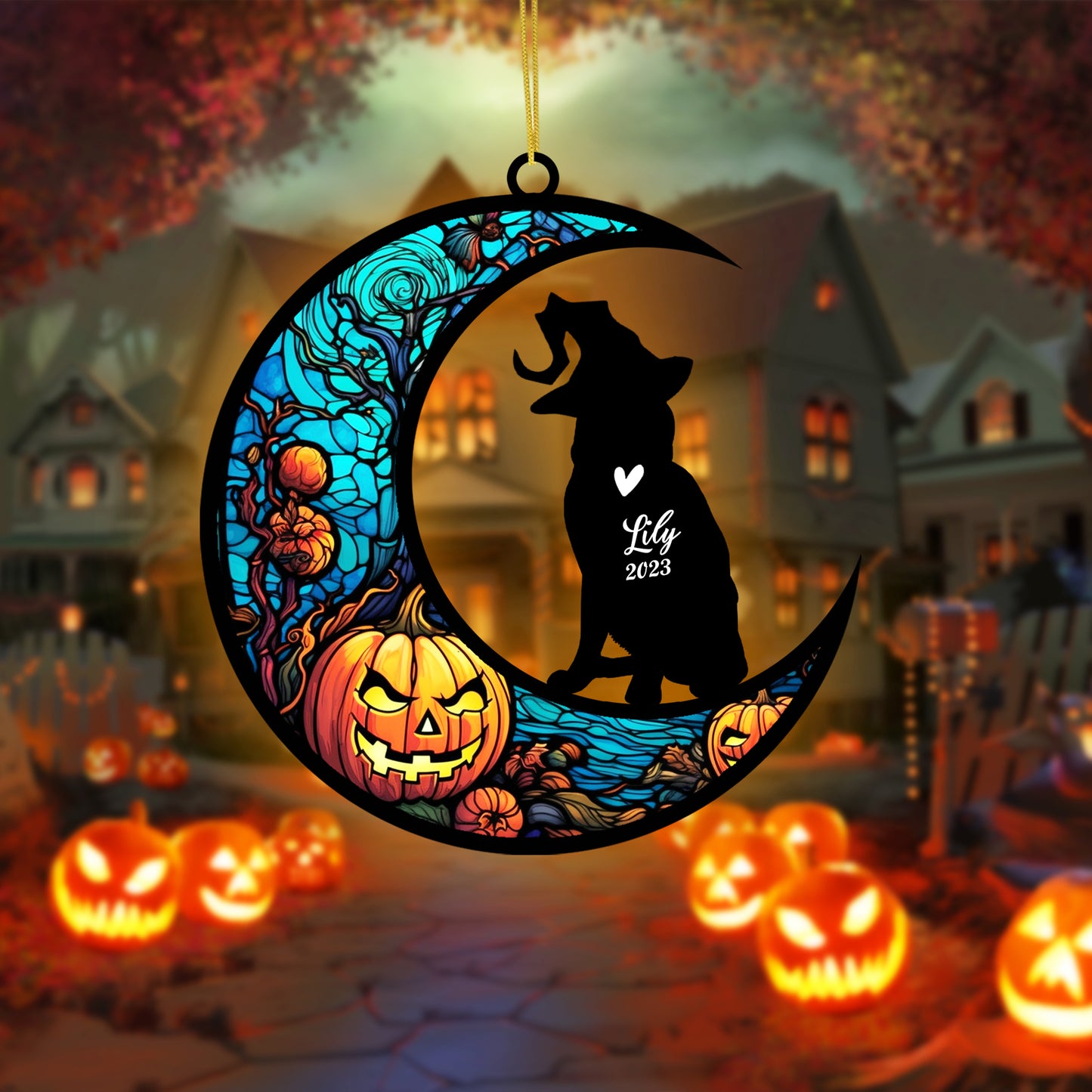 Netecom Personalized Halloween Russian Blue Cat Suncatcher - Custom Cat Ornament with Name, Russian Blue Cat with Witch Hat Halloween Decoration for Window or Garden