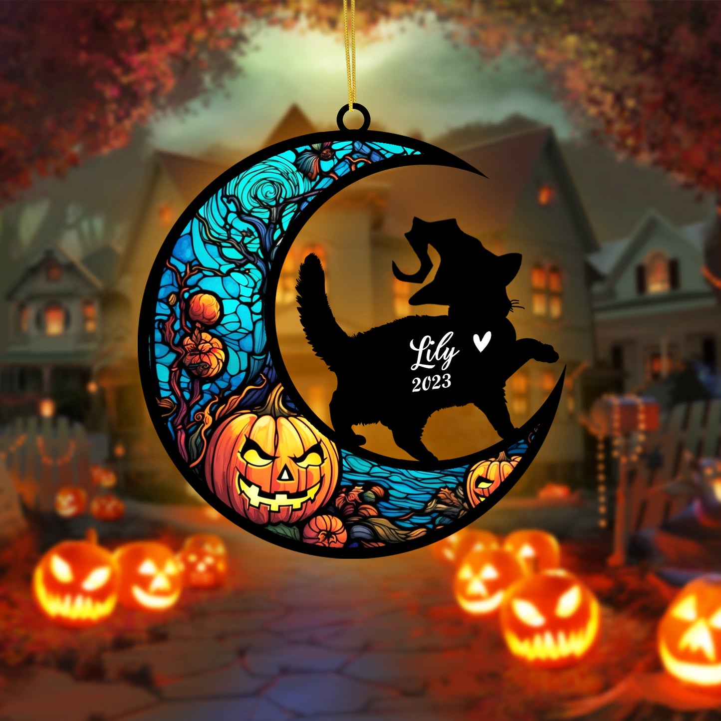 Netecom Personalized Halloween British Shorthair Cat Suncatcher - Custom Cat Ornament with Name, British Shorthair Cat with Witch Hat Halloween Decoration for Window or Garden