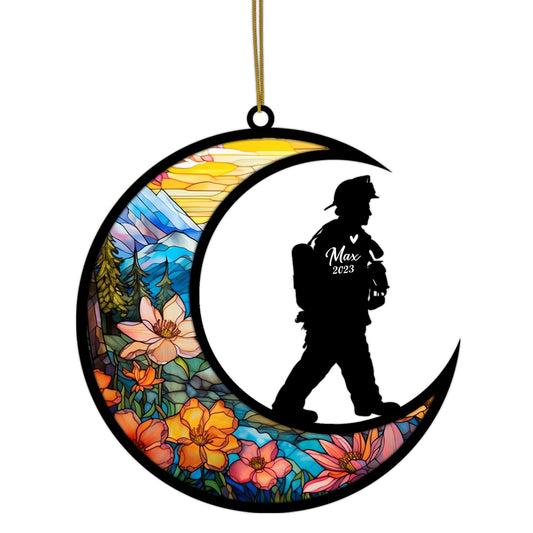 Netecom Personalized Firefighter Suncatcher - Memorial & Sympathy Gift for Loss of Father, Husband, or Dad - Bereavement Ornament for Fireman - Christmas Window Car Light Catcher
