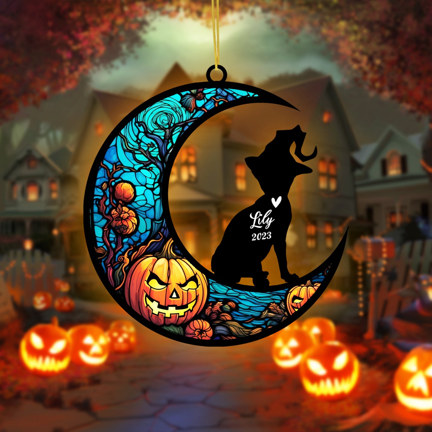 Netecom Personalized Halloween Sphynx Cat Suncatcher - Memorial Gift for Loss of Cat, Custom Sphynx Lovers Ornament for Window or Wall Hanging, Spooky Sympathy Gift