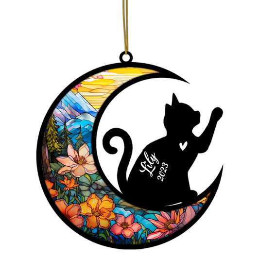 Netecom Personalized Cat Memorial Suncatcher, Custom Cat Breeds Suncatcher with Name & Date, Pet Loss Suncatcher, Stained Glass, Gifts for Cat Lovers, Christmas Cat Ornament Window Hangings