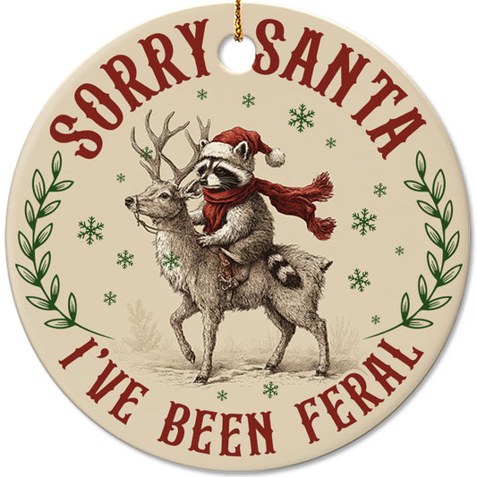 Netecom Funny Raccoon Riding Reindeer Christmas Ornament, Sorry Santa I've been Feral Ceramic Ornament for Xmas Tree Hanging Decorations Gift, Raccoon Lover Gifts, Holiday Party Present