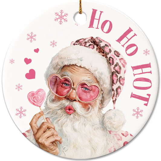 Netecom Funny Ho Ho Hot Santa Christmas Ornament, Santa Claus with Pink Heart Glasses and Candy Ceramic Ornament for Xmas Tree Hanging Decorations Gift, Home Decor, Holiday Party Present