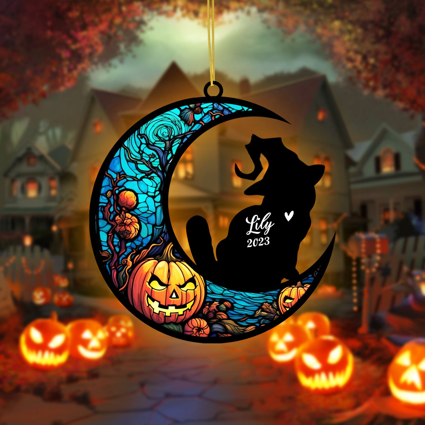 Netecom Personalized Halloween Exotic Shorthair Cat Suncatcher - Custom Cat Ornament with Name, Exotic Shorthair Cat with Witch Hat Halloween Decoration for Window or Garden