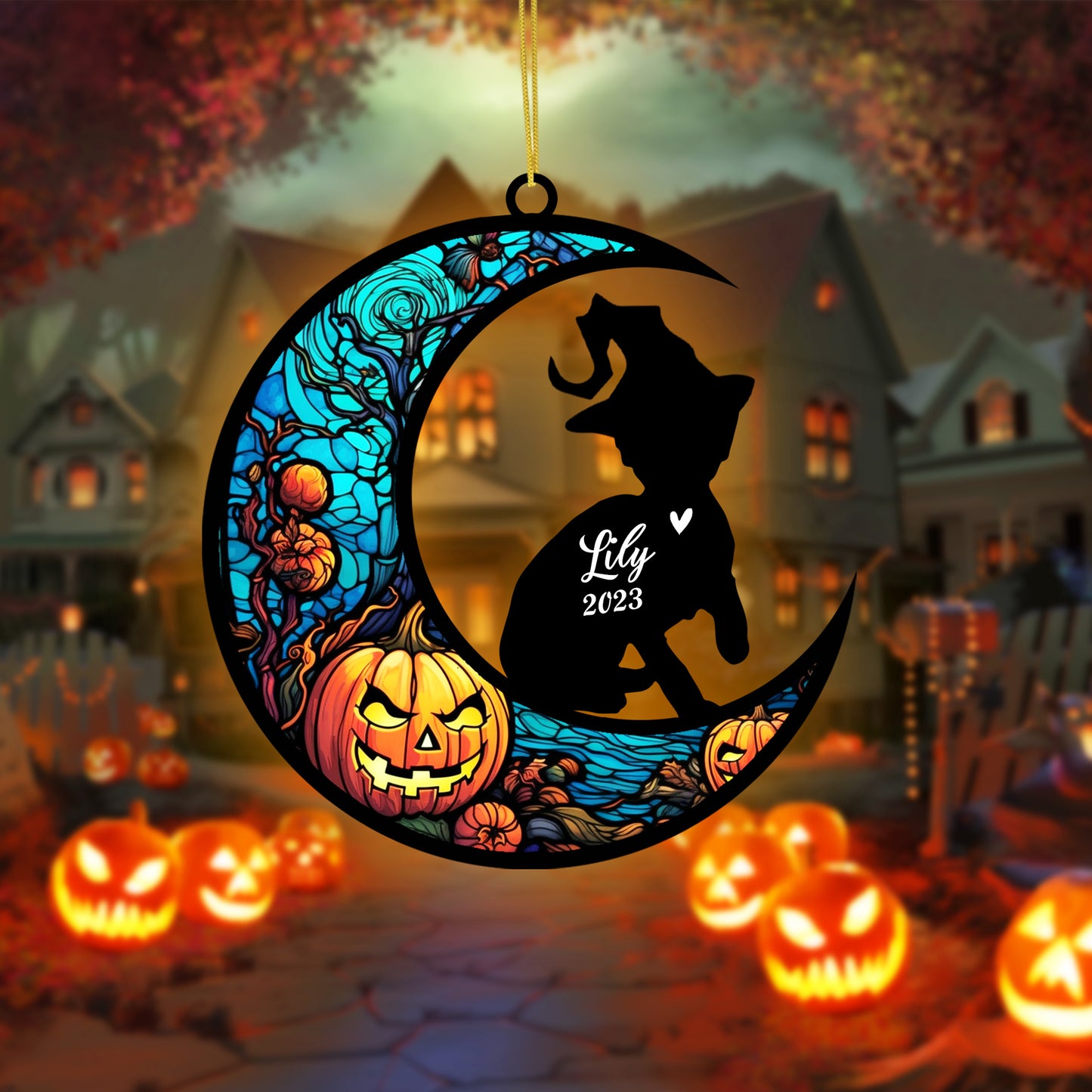 Netecom Personalized Halloween Devon Rex Cat Suncatcher - Custom Cat Ornament with Name, Devon Rex Cat with Witch Hat Halloween Decoration for Window, Garden, or Car